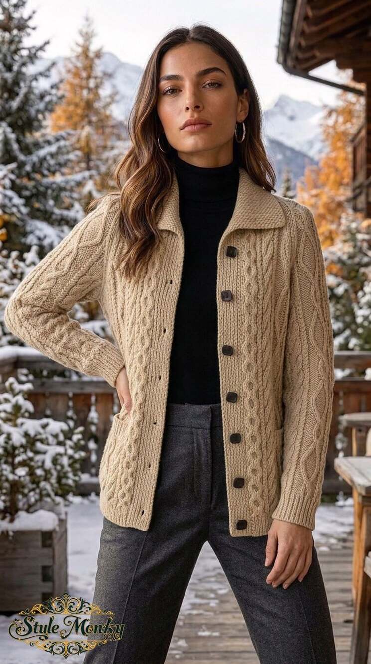 Vintage Hand Knit Cable Knit Cardigan Sweater Ivory Chunky Wool Buttons